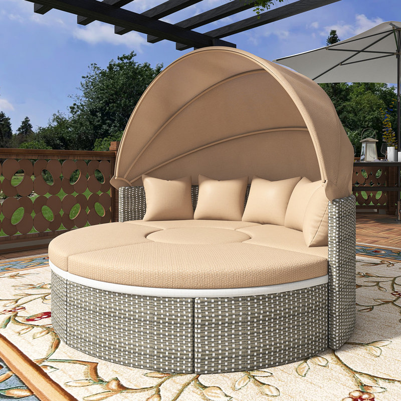 Lit de jour modulaire en rotin pour l'extérieur 5 pièces avec auvent rétractable, Light Coffee, Grey
