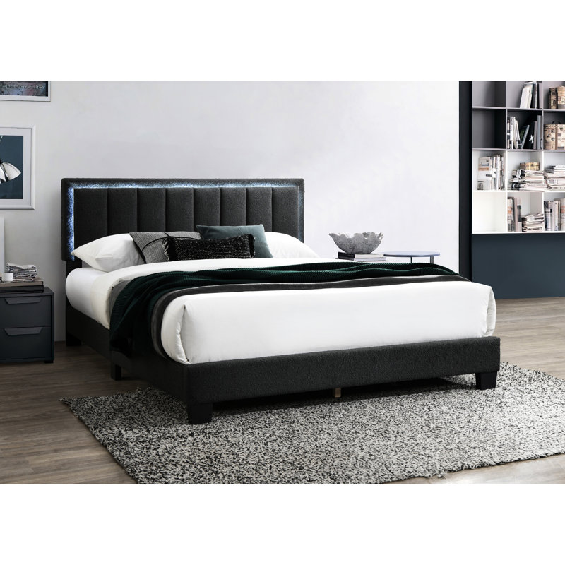 Charcoal Wool Queen Bed, Full Upholstered, No Box Spring, Built Led For Bedroom Fabric, Bedroom, Headboard, Spring