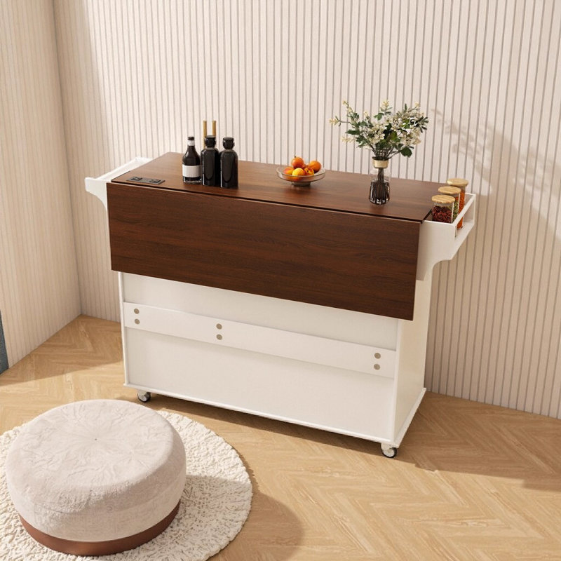 Chariot d'îlot de cuisine blanc avec abattant pliable et plateau en bois - Bar à déjeuner mobile sur roulettes avec tiroirs de rangement, armoire, support à épices et barre à serviettes