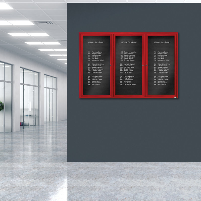 Tableau d'affichage mural fermé pour armoire d'annuaire, Rouge thermolaqué, Trois, 48 po x 72 po