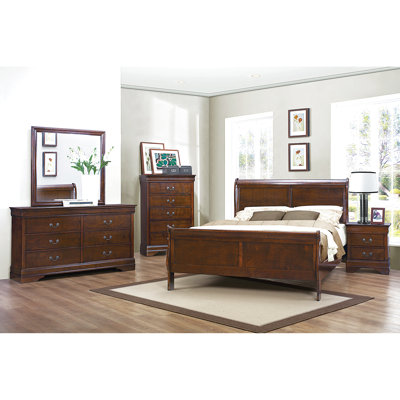 Traditional Queen Size Bed With Brown Cherry Finish - Headboard, & Rails Included Bed, Style For Serene Bedroom