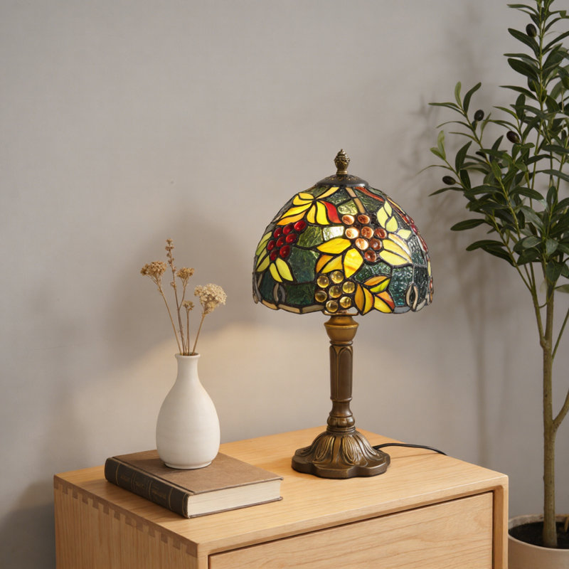 14.2"H Grape & Leaf Stained Glass Table Lamp, Antique Bronze Resin Base, E26 Warm Bulb Included