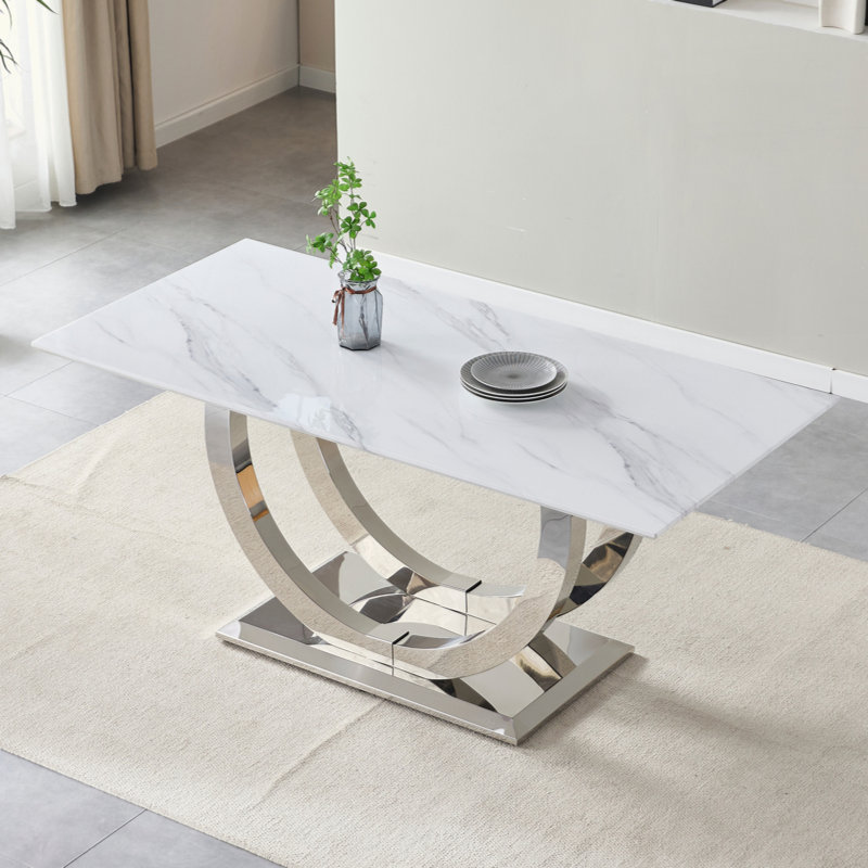 Table de salle à manger rectangulaire, moderne simple, plateau de table en marbre, plateau de table en panneau de fibres à densité moyenne, surface de miroir en acier inoxydable de couleur argent, pouvant accueillir 4 à 6 personnes, motif en marbre blanc