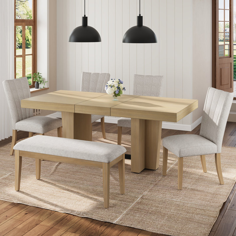 Ensemble de salle à manger extensible 6 pièces, Beige, Naturel