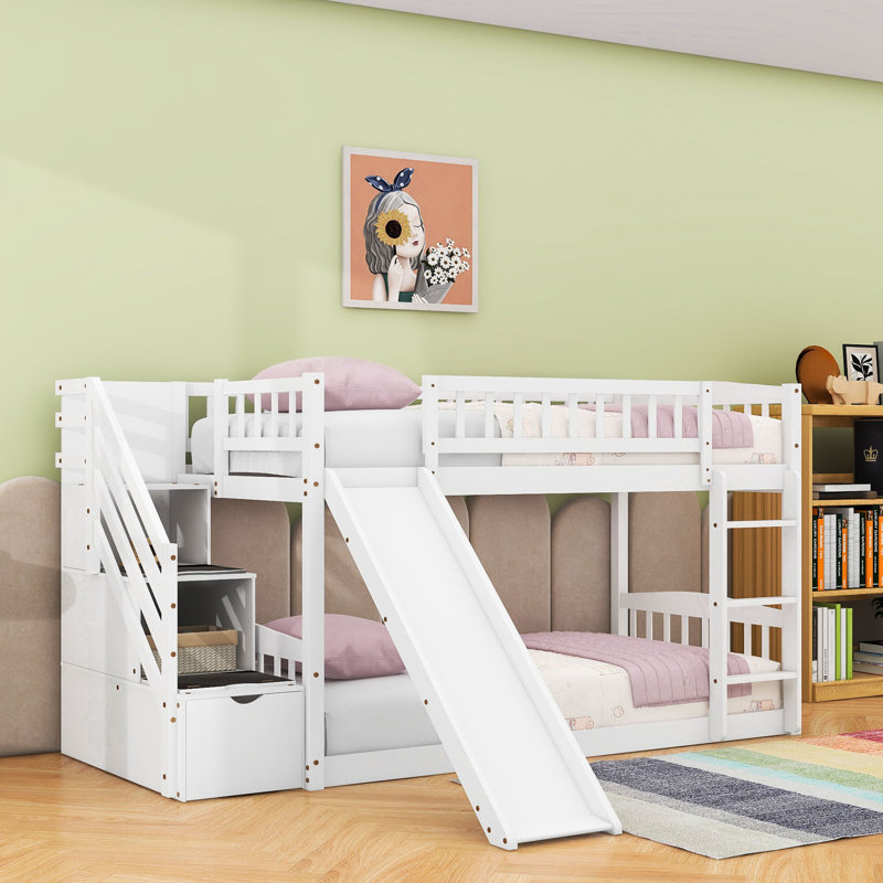 Lit superposé simple en bois avec glissière et rangement, Blanc