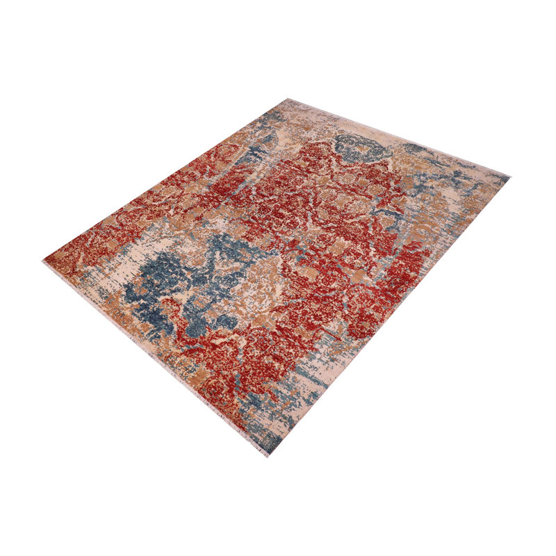 Tapis unique rouge / bleu / brun noué à la main 1990 pi 6 pi 3 po x 9 pi 3 po Kellyanna