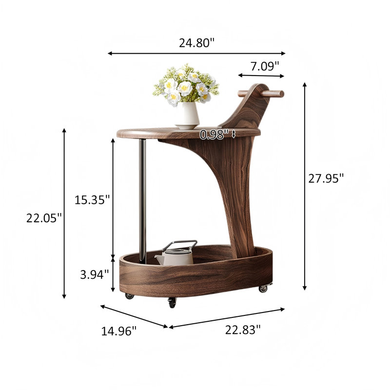 Retro Walnut Wooden Side Table with Cart, 27.95" H x 24.8" W x 14.96" D