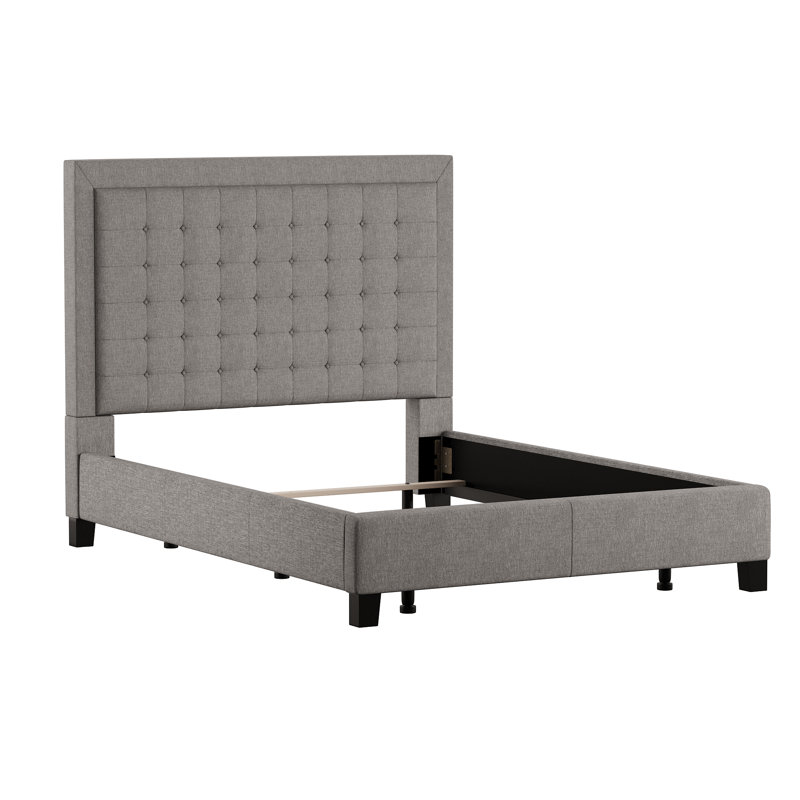 Lit tapissier capitonné standard à profil bas Kaster, Double, Lin gris étain