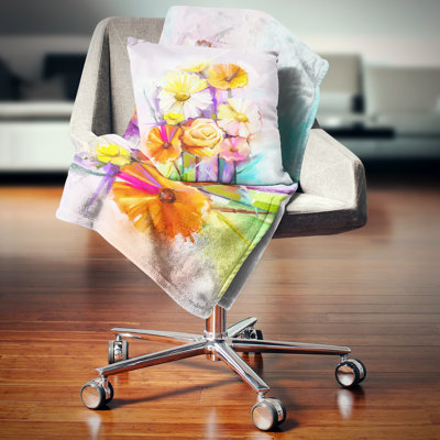 Bouquet de gerberas et de roses jaunes et roses - Coussin imprimé floral