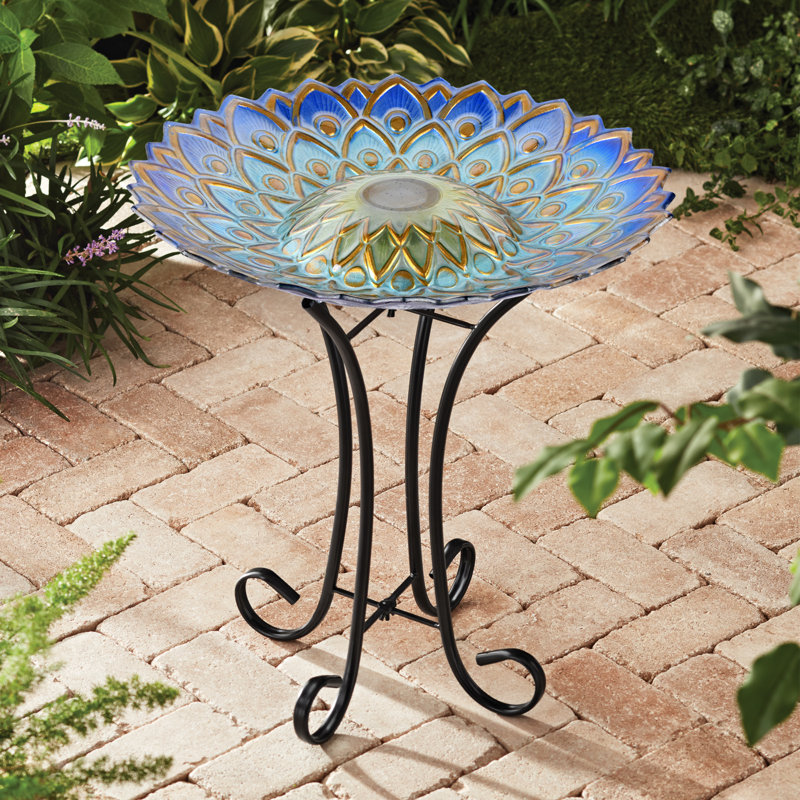 Bain d'oiseaux en verre avec éclairage solaire, Bleu