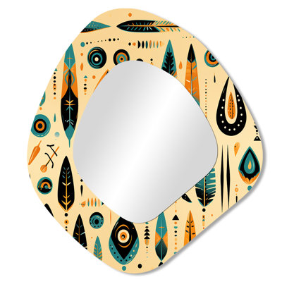 Nomadic Treasures Boho Pattern II - Geometric Asymmetrical Unique Wall Mirror, Modern Unique Shape Mirror, Printed Metal Art