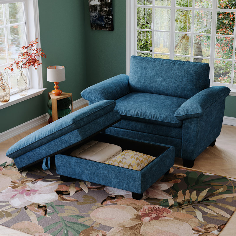 Chaise longue avec et rangement - Dossier en chenille bleue confortable, Bleu