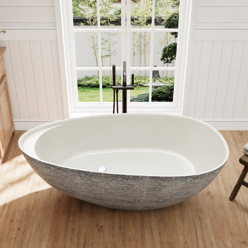 Baignoire autoportante Forma 67 po x 31 po en résine de pierre solide effet travertin avec tablette intérieure intégrée