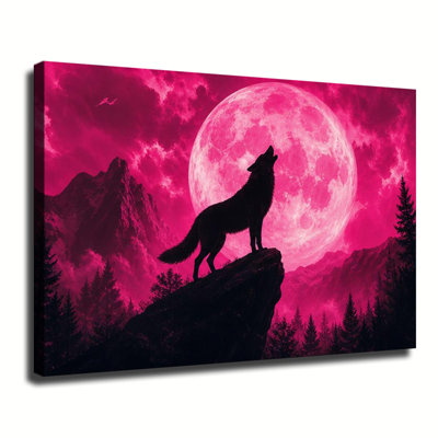Loup noir hurlant sur une falaise sous une pleine lune rose éclatante - Toile murale fantastique pour une décoration intérieure sombre