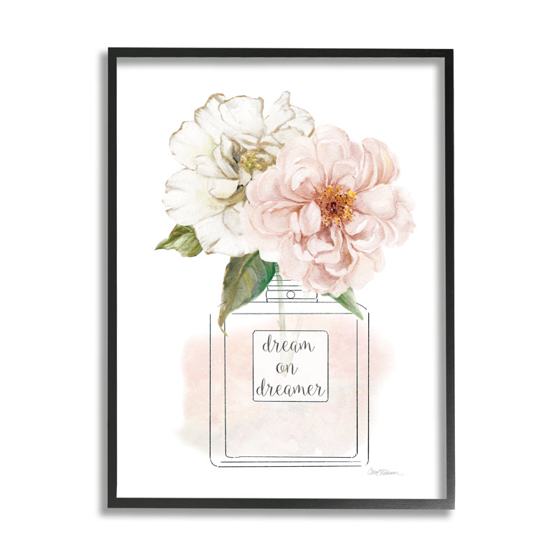 «Dream on Dreamer Expression Pink Florals Perfume Bottle» par Carol Robinson - peinture sur toile, H 30 po x l 24 po