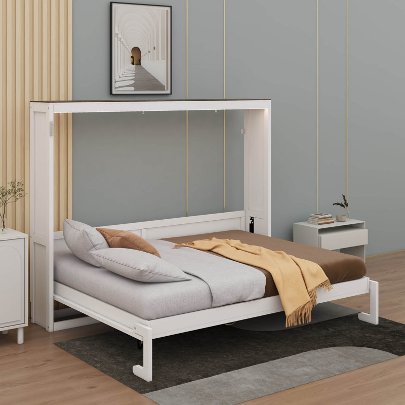 Lit escamotable horizontal avec lumière DEL et armoire escamotable escamotable en bois Farmhouse, Blanc / Brun