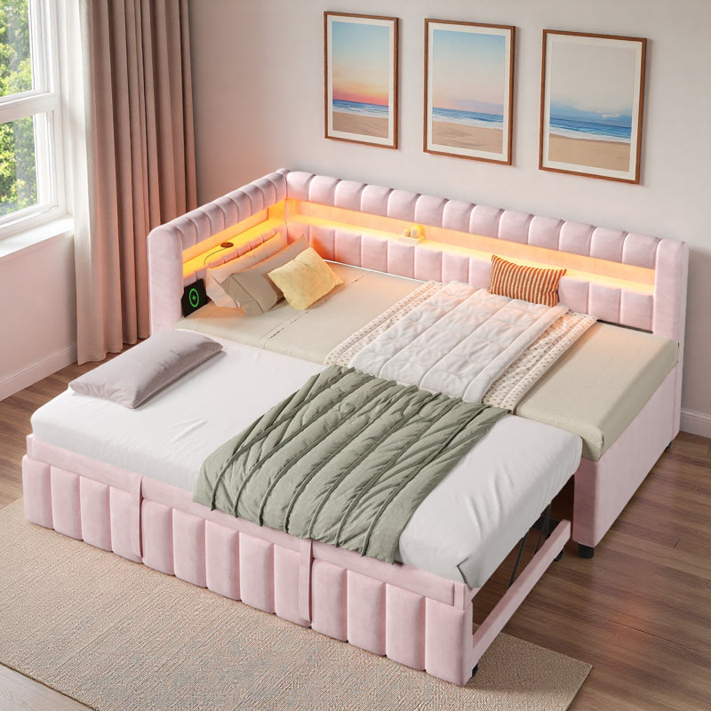 Lit de jour rembourré avec lumières DEL, ports USB et lit gigogne escamotable, Pink