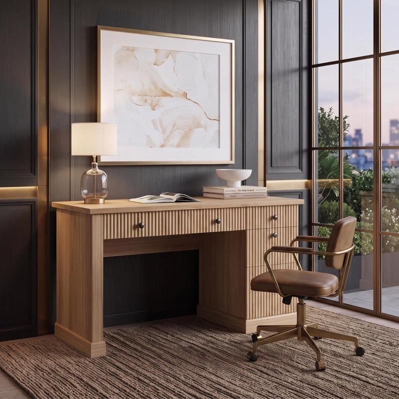 Rangement de bureau cannelé, bureau de direction moderne de 54 po avec station de charge, bureau d'écriture en bois avec classeur et tiroirs pour bureau, salon