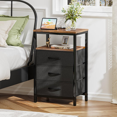 27.6'' Nightstand with Charging Station and Storage, USB Ports & Power Outlets, Nightstand with Drawer and 2 Open Shelves for Living Room Bedroom