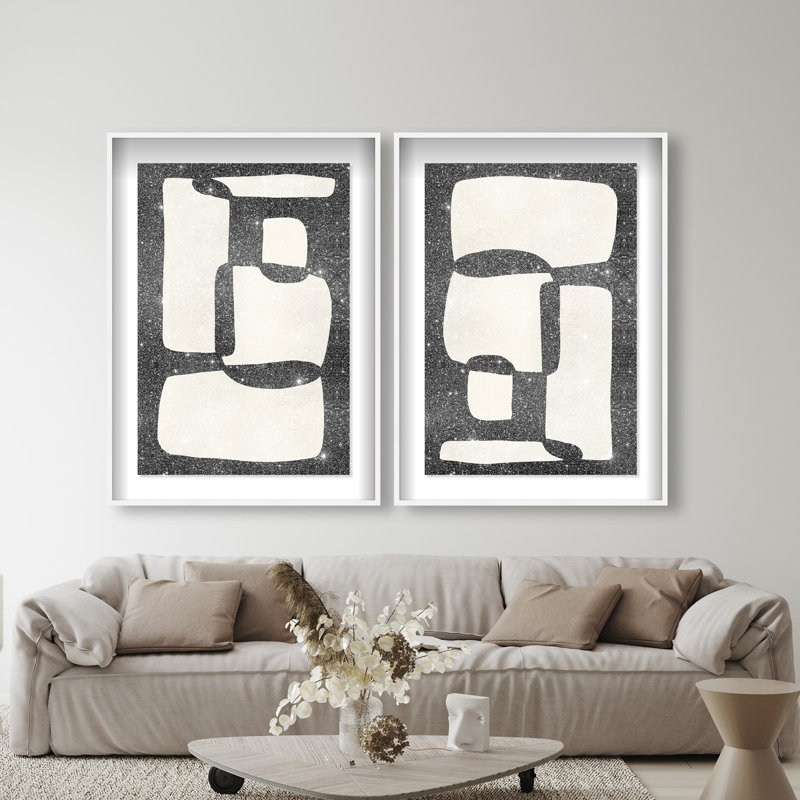 Oliver Gal Black and White Code - Set of 2 Abstract - Diamond Dust Shadowbox Framed Wall Art, 55.5" H x 37.5" W