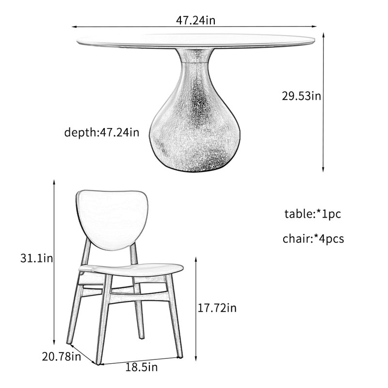 Ensemble de table de salle à manger Vintage Rock, H 29,53 po x L 47,24 po x l 47,24 po