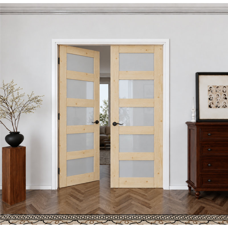 Porte intérieure à 5 carreaux en pin massif naturel et verre dépoli, style colonial, double porte-fenêtre, verre trempé certifié SGCC, cadre blanc et quincaillerie noire mate - poignée de porte avec serrure, loquet et charnières, non finie et à peindre, 122 cm x 203 cm