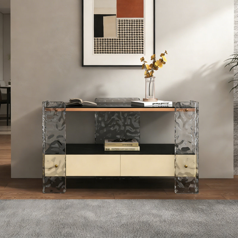 Console moderne à tiroirs en bois-acrylique, 21,65 po H x 39,37 po L x 15,75 po P, Transparent / kaki