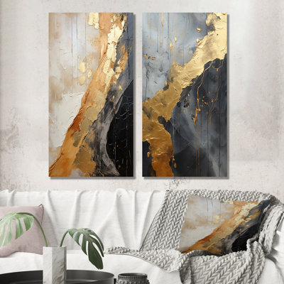 Minimalisme chrome doré et poteries noires - ensemble de 2 reproductions d'art abstrait fractal