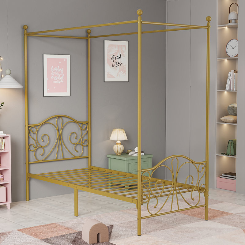 Metal Canopy Bed With Butterfly Pattern Design For Headboard And Footboard, Gold