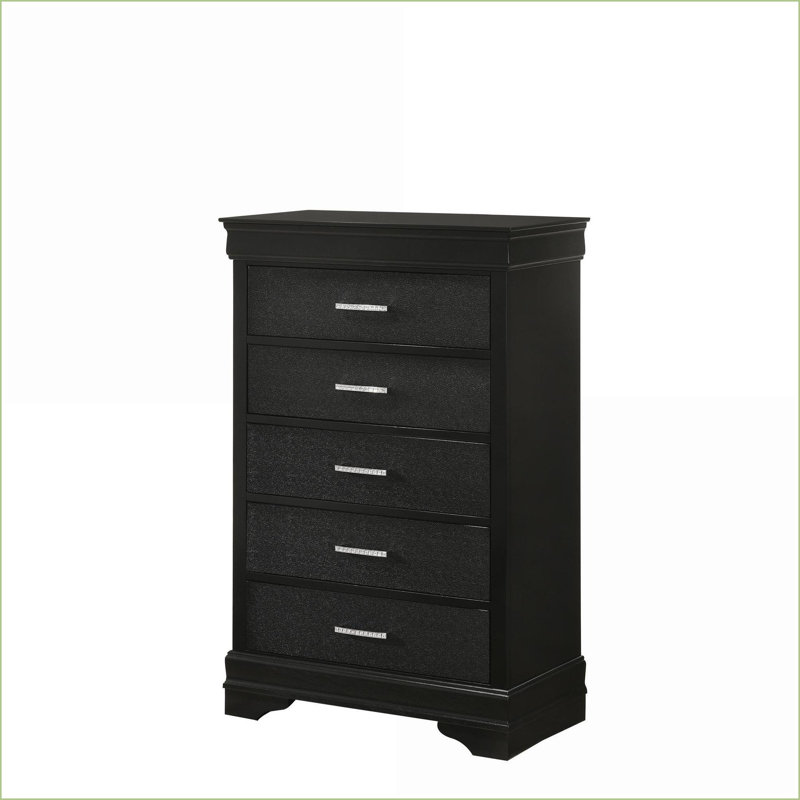 Commodes et amp; Commode haute moderne à 5 tiroirs en bois massif noir avec poignées capitonnées en cristal Crocodile | Noir | Bois