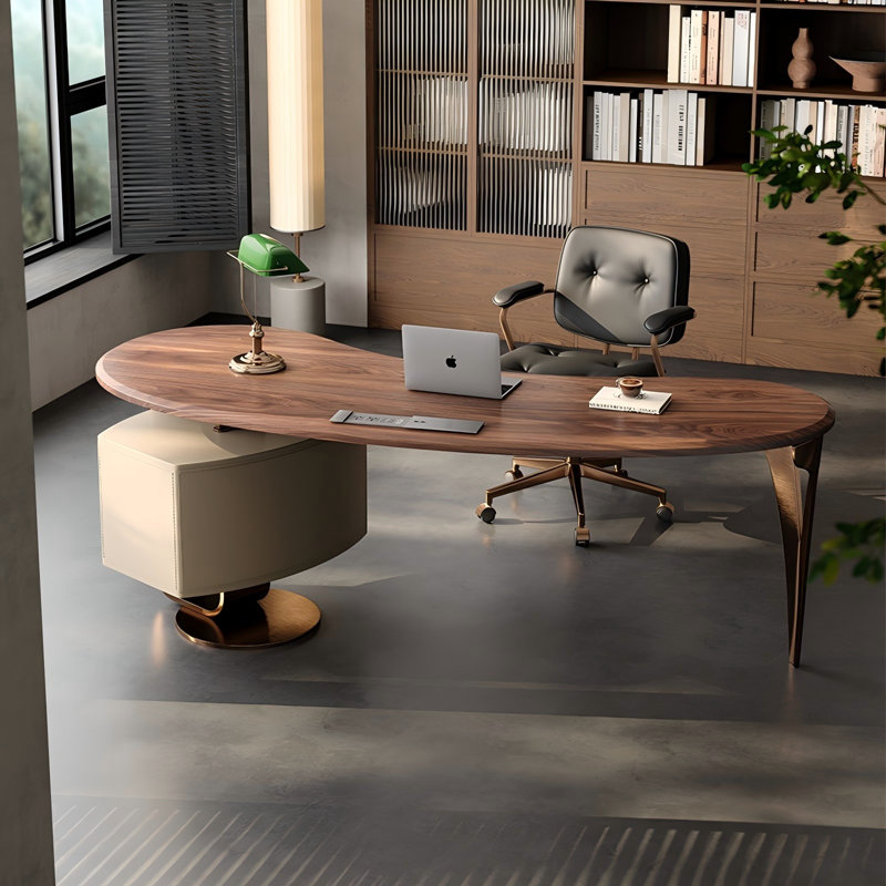 Brown Unique Pea Shape Modern Desk, 29.53" H x 70.87" W x 30.31" D