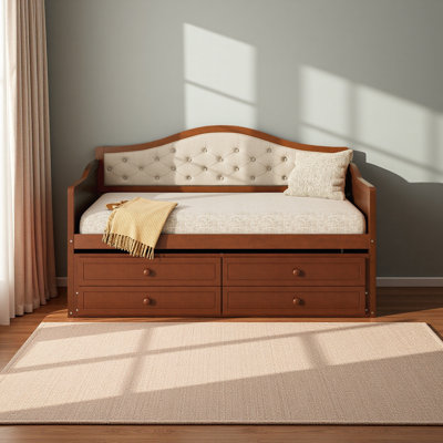 Lit de jour simple avec lit gigogne, lit de jour simple avec 2 tiroirs de rangement, canapé-lit en bois avec dossier capitonné à boutons pour le salon, la chambre à coucher, la chambre d'amis