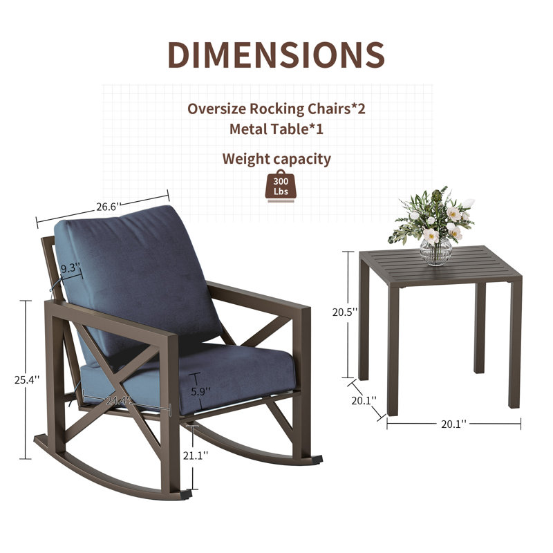 Chaises berçantes d'extérieur en osier avec coussins (ensemble de 2), Bleu marine