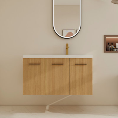 36" Wall-Mounted Single Bathroom Vanity Set With Right Resin Top Sink，Floating Vanity With Soft Close Door And Shelf