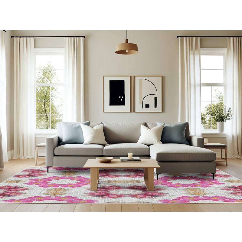 Tapis rose/brun tissé à la machine, Rectangle 6 pi x 9 pi