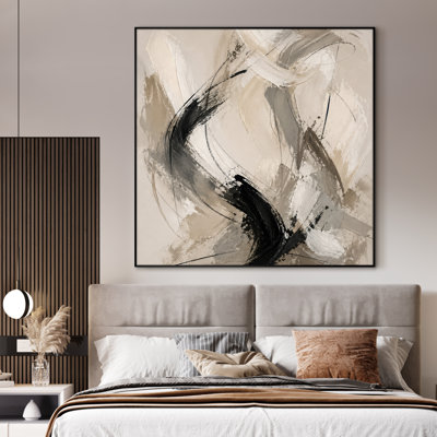 Très grande reproduction d'art sur toile - Composition abstraite de tourbillons beiges avec des tons neutres doux et des courbes de pinceau dynamiques pour le salon ou la chambre à coucher - «Assemblage requis du cadre (cadre non fini)»