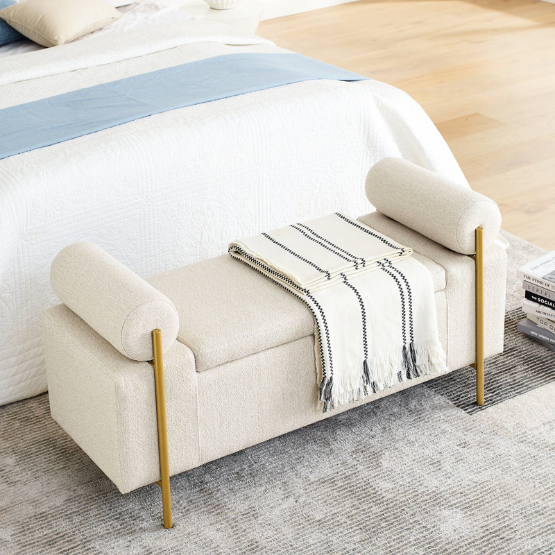 Elegant Upholstered Bench With Cylindrical Arms And Iron Leg Assembly In Beige For Living Room Bedroom Hallway Linen Storage Robust Foundation