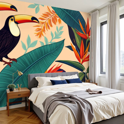 Papier peint à peler et coller Oiseaux toucans feuilles tropicales fleurs Murales florales H 100 po x l 144 po Papier mural amovible en PVC auto-adhésif pour le salon de la chambre Bureau à domicile