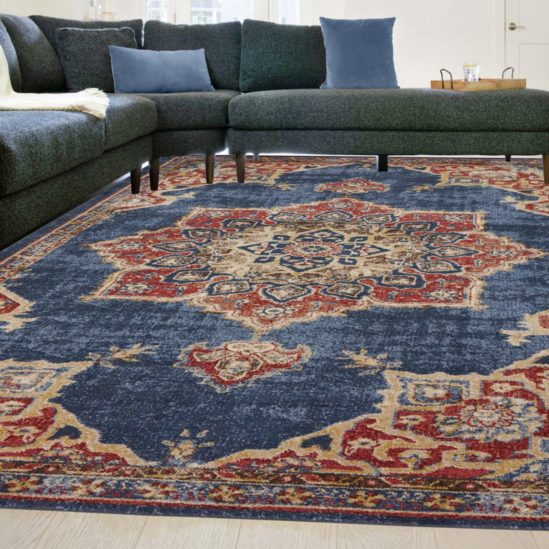 Lieveke Persian Inspired Navy Blue Area Rug, Rectangle 6'1" x 9'