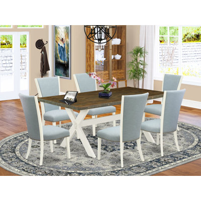 7 Piece Dining Set Consist of a Rectangle Dining Room Table with X-Legs and 6 Baby Blue Linen Fabric Upholstered Parson Chairs, 40x72 Inch, Multi-Color