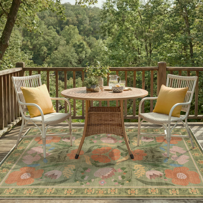 Washable American Countryside Floral  5X8 Green Outdoor Rug, Non Slip Quick-Dry Mesh Rug for Deck Backyard, Green