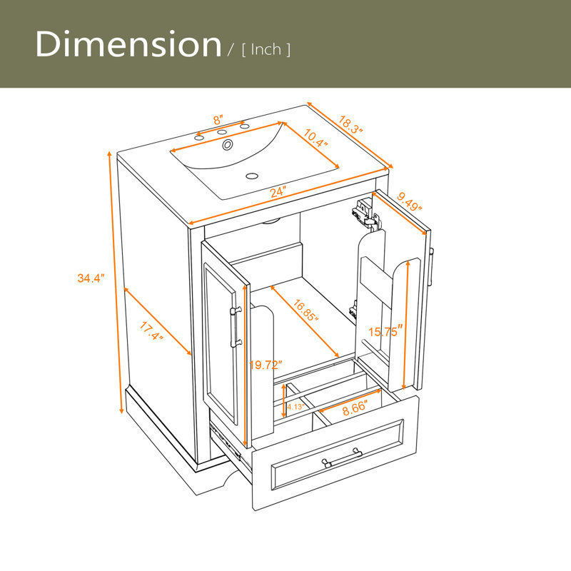 Meuble-lavabo 24 po avec lavabo, armoire en panneau de fibres à densité moyenne avec cadre en bois massif, 1 tiroir divisé et 2 portes à fermeture douce avec double tablette sur la porte