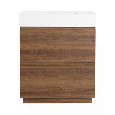 Meuble-lavabo 30 po avec lavabo simple, meuble-lavabo encastré moderne avec double tiroir, meuble-lavabo autoportant, bois d'ingénierie, brun