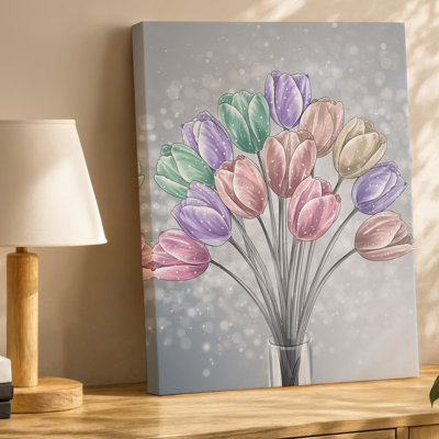 Canvas A Vibrant Bouquet Of Pastel Colored Tulips In Soft Shades Wall Art Of Pink Lavender Mint Green And Cream Each Flower Delicately Canvas Wall Art