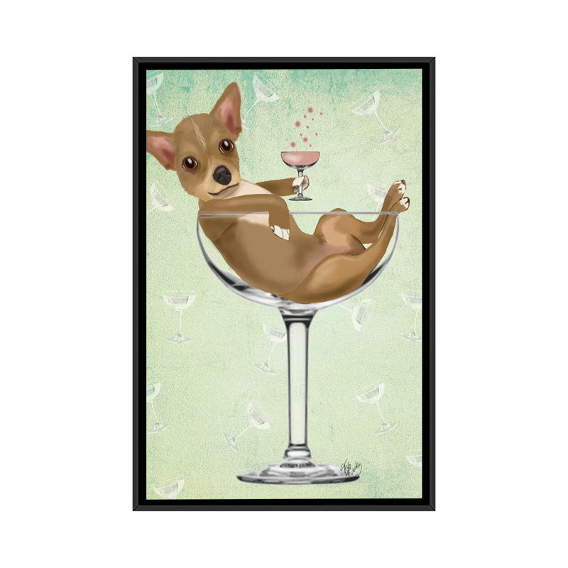 «Chihuahua in Cocktail Glass», impression sur toile, H 26 po x l 18 po x P 1,5 po, Toile avec cadre noir, Pas de tapis