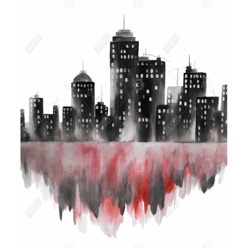 «Red Watercolor Cityscape» - Toile encadrée pour la décoration intérieure