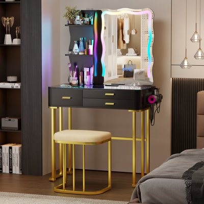 RGB Light Makeup Vanity with Charging Station, Drawers, Storage Dividers and Comfortable Stool