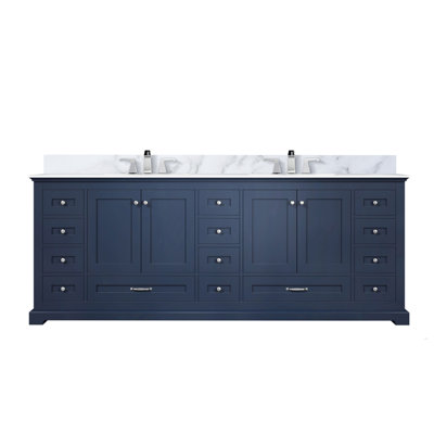 Navy Blue Double Bath Vanity 84 In. W X 22 In. D, Carrara Marble Top, And Faucet Set