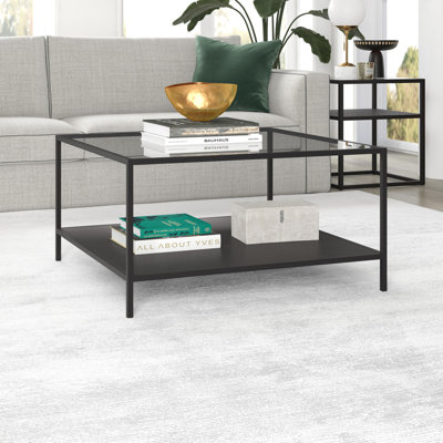 Table basse carrée en acier et verre noir 32 "Ceno avec tablette Ceno