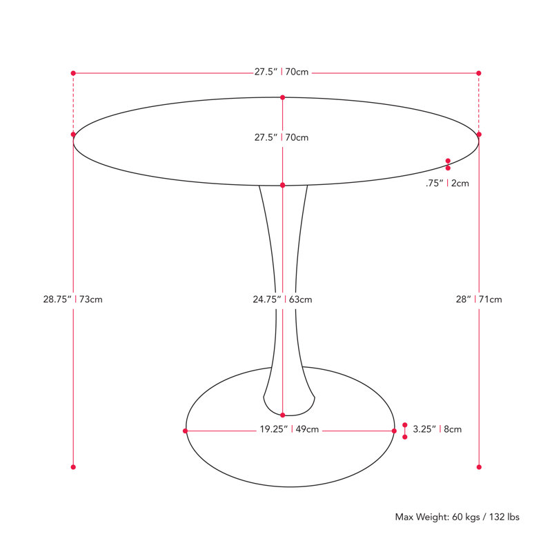 Table de salle à manger 27,5 po, Blanc, Marbre blanc